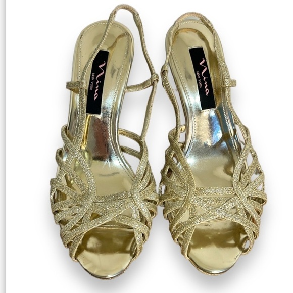 Nina New York Womens Gold Metallic High Heel Sling Backs Size 7.5 Prom Formal - Picture 1 of 15